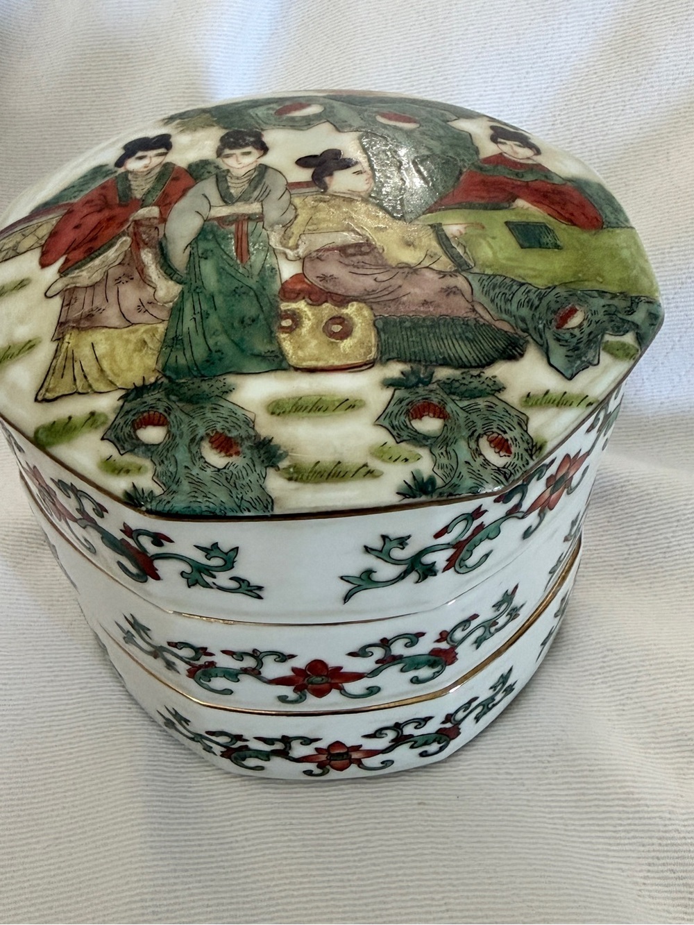 Vintage Chinese Porcelain 3-Tier Stacking Box/ trinket box 6”x 6.5”
